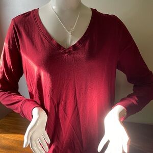 Terra & Sky Deep Red Long Sleeve V-Neck Top